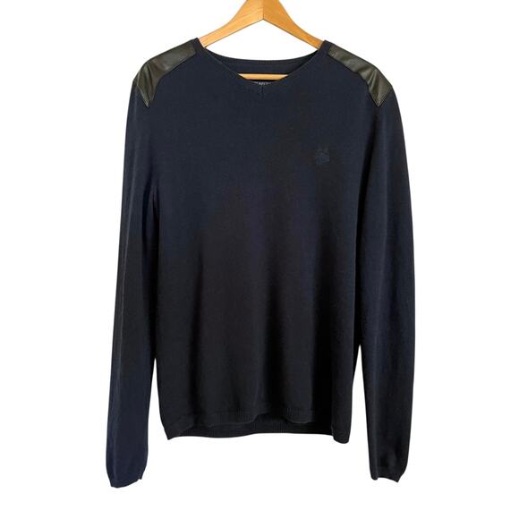 Zadig & Voltaire Peter Patch Navy Blue Wool Cashmere Leather Wolf V-Neck Sweater - Picture 10 of 10